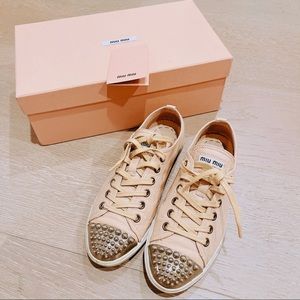Miu Miu Nude Studded Toe Patent Leather Sneakers